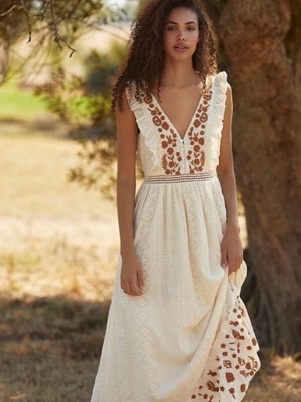 Allison New York Ivory Eyelet Maxi Dress with Floral Cutwork